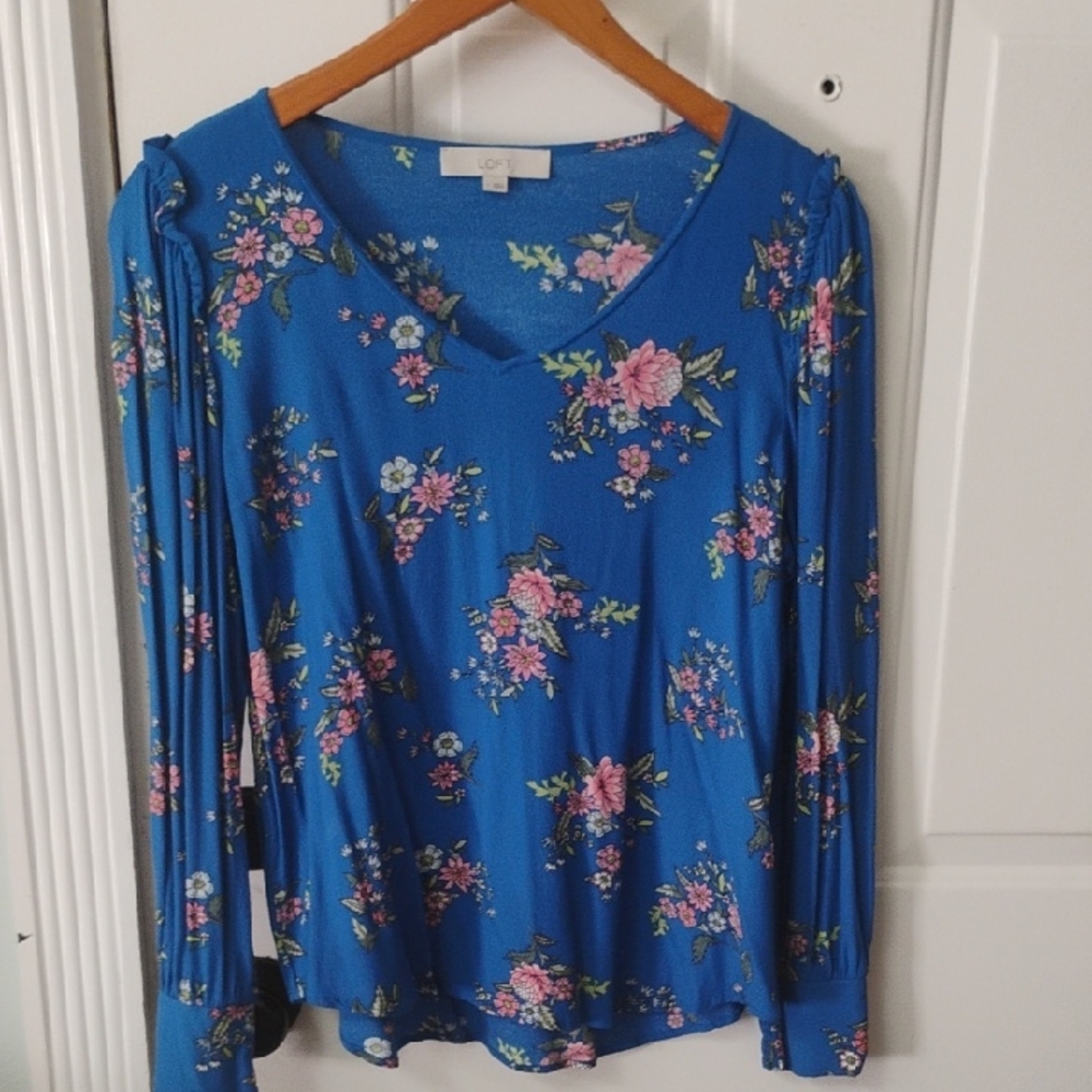 LOFT Women's Vibrant Blue Floral Long Sleeve Top